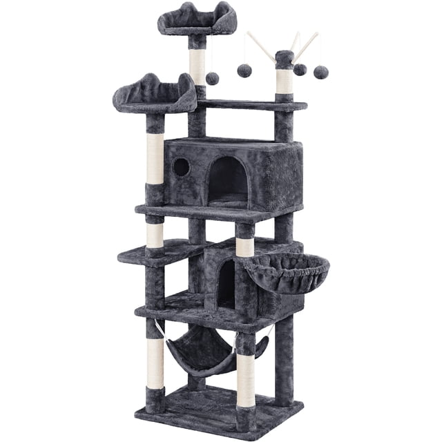 Yaheetech 67" H Multi Level Cat Tree with 2 Cat Condos and 1 Hammock in dark gray. This large cat furniture features multiple tiers, including two spacious perches with cat-ear accents, two roomy condos, a hammock, a basket, and three detachable teaser sticks with hanging balls for interactive play. Crafted from CARB P2-compliant particleboard, soft plush upholstery, and sturdy sisal ropes, it serves as a durable and stable activity center with a reinforced baseboard and anti-toppling strap.