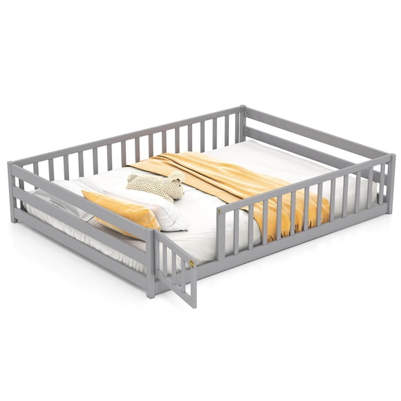 Costway Full Size Floor Bed with Full Length Safety Guardrails & Door for Boys, Girls Gray