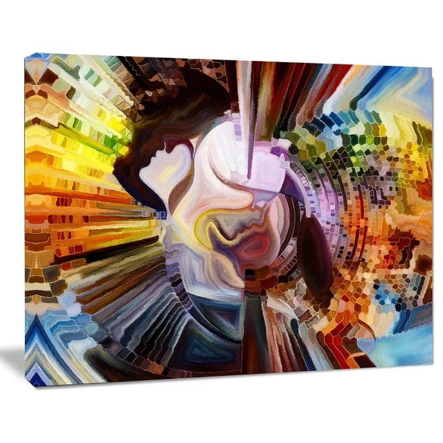 Tiger Design Art Layers of Inner Paint Canvas Print on gallery wrapped cotton canvas featuring vibrant abstract layers of curved shapes and mosaic patterns in warm yellows, oranges, browns, and cool blues. Ready to hang wall art ideal for home or office décor, often used to add modern colour and texture.