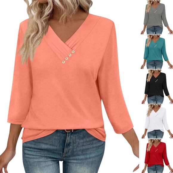Feancey 3/4 Sleeve Womens Tops Casual V Neck Button Blouse 2025 Dressy Trendy Going Out T Shirts Solid Color Elegant Office Work Tees White S