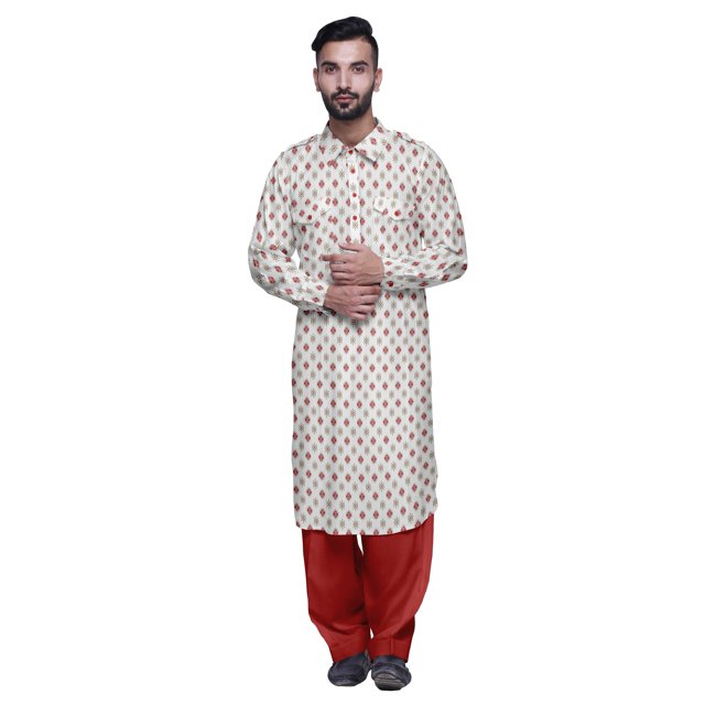 Atasi Printed Pathani Kurta With Salwar For Men Indian Summer Ethnic Set