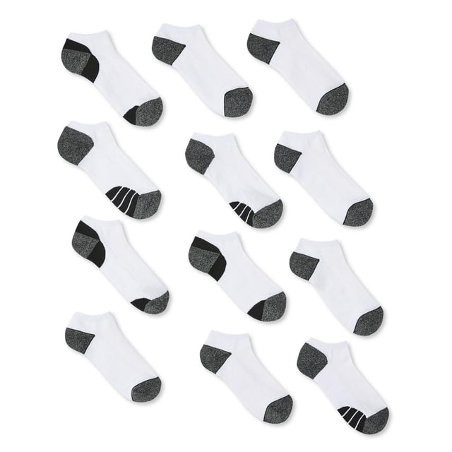 Athletic Works Men's Low-Cut Socks 12-Pack showing white knit low-cut socks with ribbed cuffs and contrasting grey heels and toes, some pairs with black arch stripes, arranged flat to display design and fit for men's sizes 7-11, suitable for athletic and casual use.