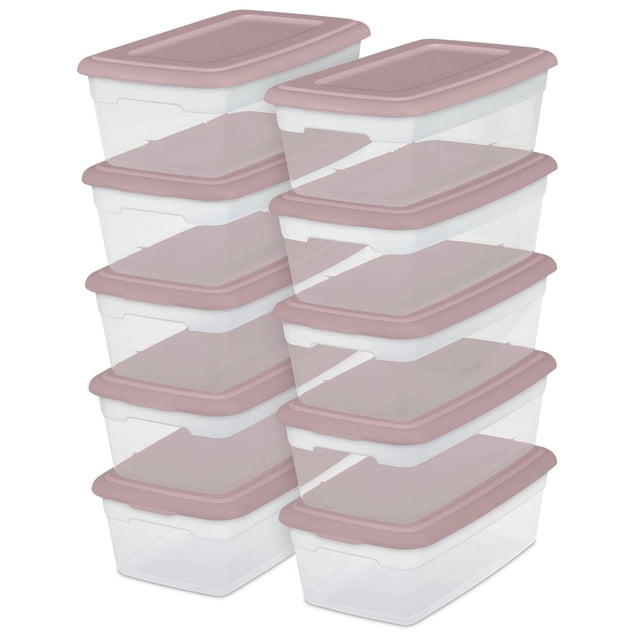 Sterilite Set Of (10) 5.7L Boxes in pink with clear rectangular bases and opaque snap-on lids, stacked in two columns. These stackable storage containers are ideal for organizing lightweight household items and fit on 16-inch wire shelving.
