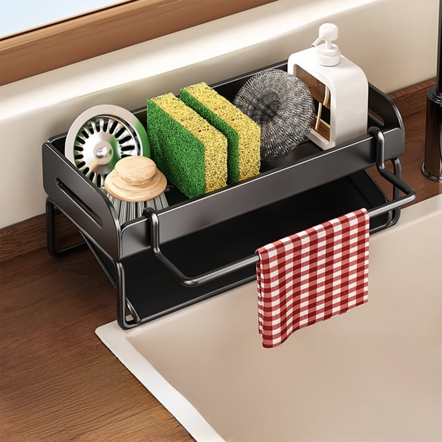 Kitchen Sponge Holder and Sink Storage Rack | Soap Dispenser and Accessory Organizer | Countertop Draining Basket for Sponges, Brushes, and Cleaning Tools | Plastic Kitchen Caddy