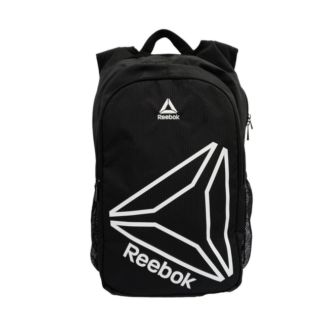 FELIX BACKPACK by Reebok, un BACKPACK Noir pour Adulte Léger, durable et Résistant à l'Eau avec un Grand logo Géométrique Blanc à l'Avant, une Fermeture Éclair Extérieure et des Poches en Maille pour l'Essentiel, et un Intérieur Spacieux Convenant à l'Usage Quotidien Ou aux Escapades de Fin de Semaine.