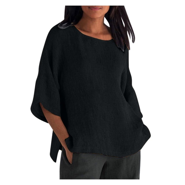 Dealovy Top For Women Plus Size 3/4 Sleeve T-Shirts Crew Neck Cotton Linen Side Split Solid Tee Blouses