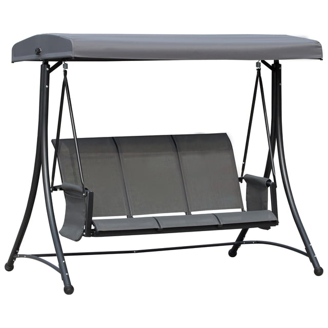 Outsunny Chaise Balançoire de Porche d'Extérieur pour 3 Personnes avec Auvent Ajustable en Gris. Comprend un Cadre Robuste en Acier et Aluminium Pouvant Supporter jusqu'à 660 Lb, Trois Sièges en Maille Ventilés pour le Confort et un Nettoyage Facile, et un Auvent Ajustable pour une Ombrage optimal. Comprend des Pieds Antidérapants pour la Stabilité et Deux Sacs à Magazines pour le Rangement. Convient aux porches, patios, Jardins et Zones au Bord de la Piscine.