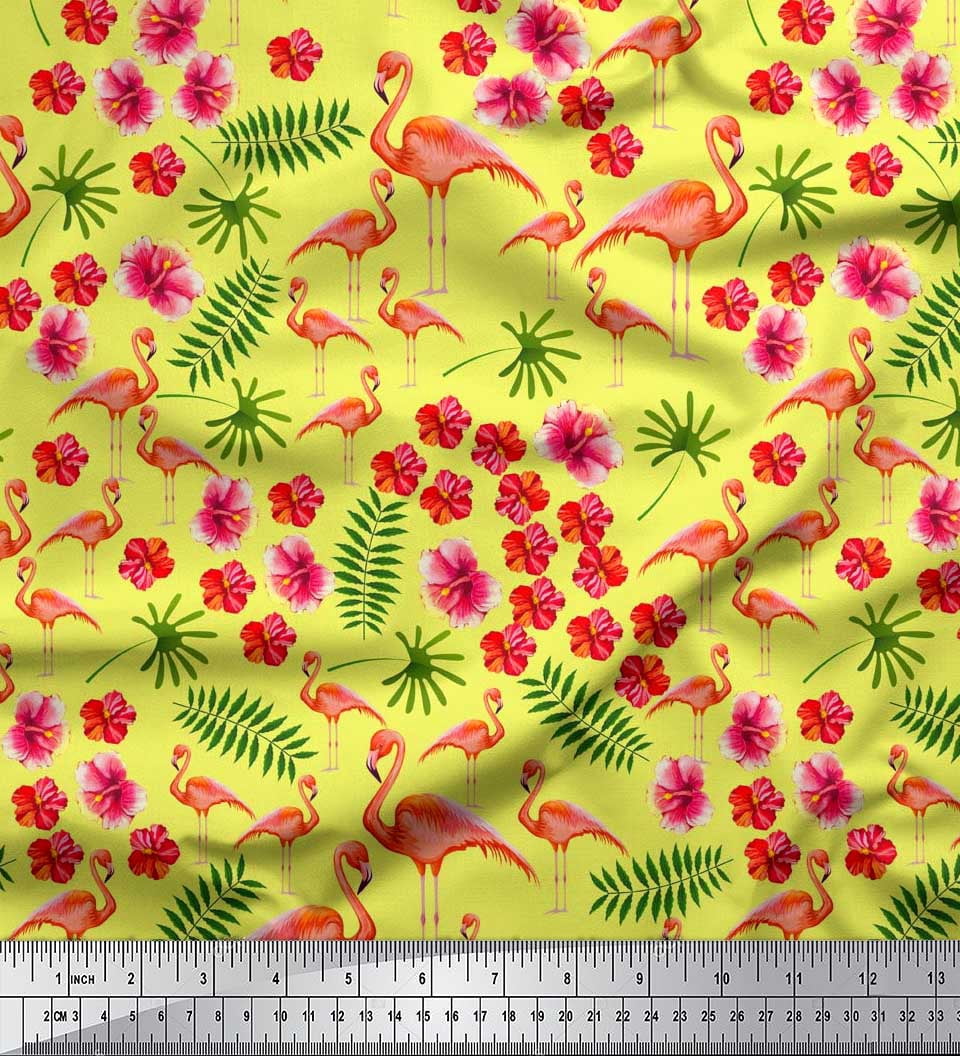 Soimoi Modal Satin Fabric Leaves,Floral & Flamingo Bird Print Fabric by Yard 42 Inch Wide