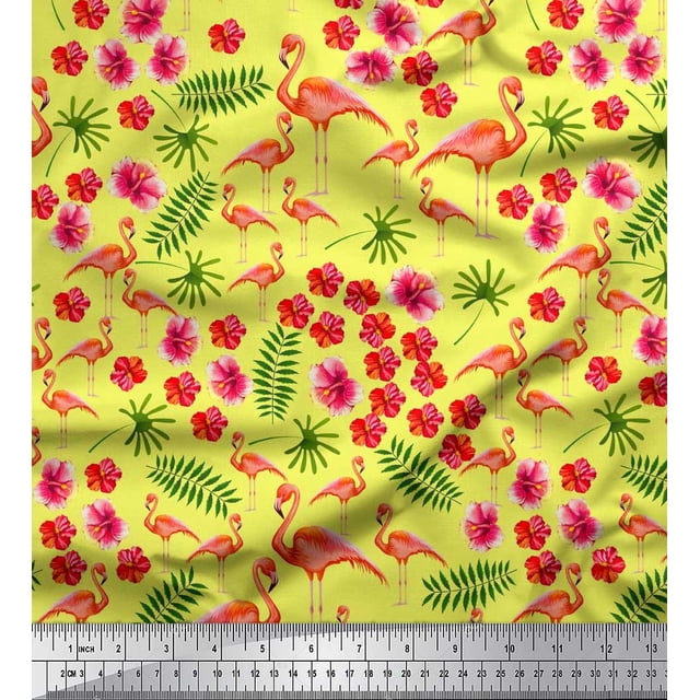 Soimoi Modal Satin Fabric Leaves,Floral & Flamingo Bird Print Fabric by Yard 42 Inch Wide