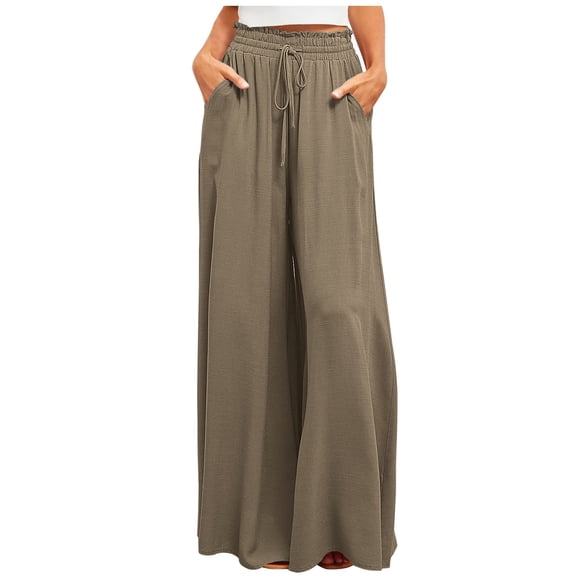 Yuyuzo Womens Wide Leg Pants Solid Color Elastic Waist Drawstring Casual Long Pants Ladies Loose Breathable Lounge Pants