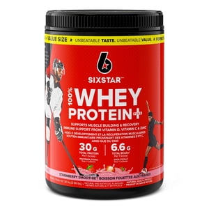 Six Star 100% Protéines de lactosérum Plus, Poudre de protéines de lactosérum, isolat de protéines & Peptides, Poudre de protéines maigres pour le gain musculaire, Secoue de protéines isolées, Fraise, 4 Lbs