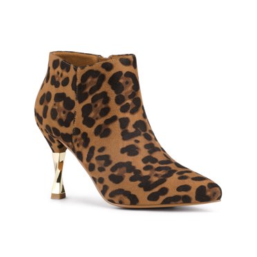 BLISSFUL STEP Women's Pointed Toe Stiletto Heels Zip Ankle Boots Leopard 8.5