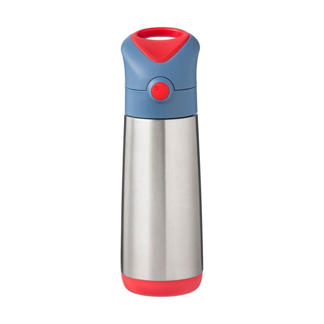 b.box - 16.9 oz insulated water bottle with triple wall stainless steel body, blue silicone lid with red accents, front press button, and integrated carry handle, keeping drinks cold up to 15 hours or warm up to 8 hours, ideal for school or outdoor use.