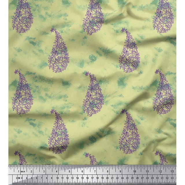 Soimoi Yellow Poly Georgette Fabric Leaf & Paisley Printed Fabric 1 Yard 52 Inch Wide