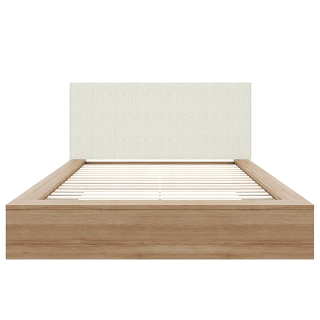 Lit Plateforme Format Grand Bardot avec Tête de Lit Rembourrée, Doté d'Un Lit Plateforme Grand Orienté vers l'Avant avec un Cadre en Bois Fini Chêne et une base à Lattes, Complété par une Tête de Lit Rectangulaire Rembourrée en Tissu Bouclé Blanc Cassé, Convient aux Chambres Modernes.