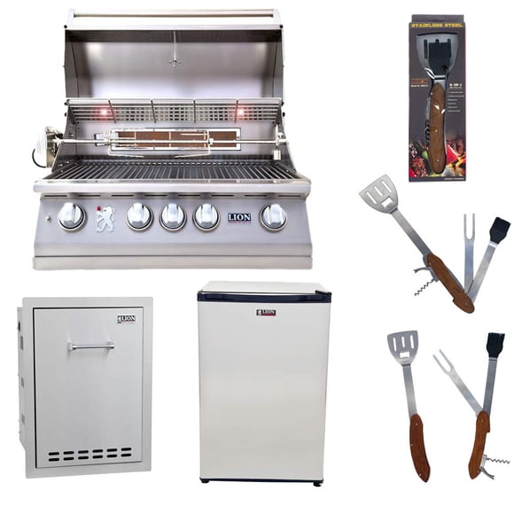 Lion Premium Grills Gril au Gaz Naturel de 32 Pouces L75000 avec Tiroir Multifonction Lion et Ensemble Réfrigérateur Lion en Forfait avec Ensemble d'Outils BBQ 5 en 1