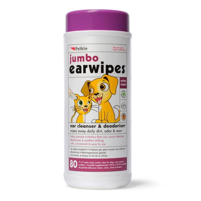 Petkin Jumbo Earwipes container with 80 extra moist wipes for dogs and cats, featuring a white bottle with a purple lid and cartoon dog and cat illustration, designed as an ear cleanser and deodorizer that removes dirt, odor, and wax while soothing itching and irritation, ideal for pet ear care and grooming.