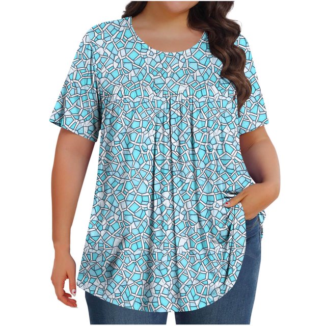 Pisexur Hauts de Printemps pour Femmes Blouses pour Femmes Chic Décontracté Mode pour Femmes Imprimé Col Rond Manches Courtes Plissé Ample Haut Multicolore,3TG