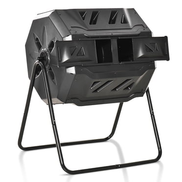 Outsunny 43 Gallon (160L) Tumbling Compost Bin Outdoor Dual Chamber 360° Rotating Composter with Sliding Doors, Solid Steel Frame and Gloves, Black
