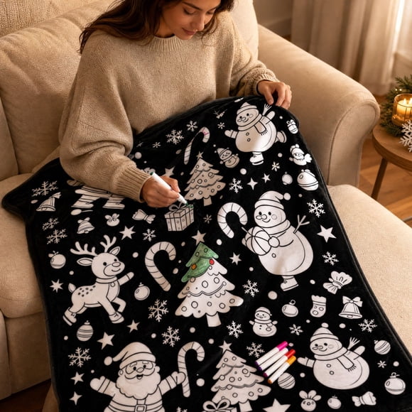 Christmas Throw Blanket, Flannel DIY Coloring Blanket, Xmas Home Decoration for Family