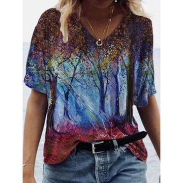 CEHVOM Women's V-Neck Printing Loose Casual Fashion Short Sleeve Summer T-shirt Tops
