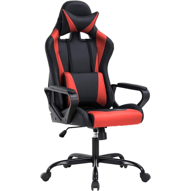 BestOffice Computer Executive Desk Office Chair, Lumbar Support Headrest, Red. A gaming-style chair with black and red PU leather upholstery, ergonomic lumbar support, padded headrest, and adjustable reclining and swivel features. Water-resistant and easy to clean, ideal for gaming setups, home offices, or activity rooms.