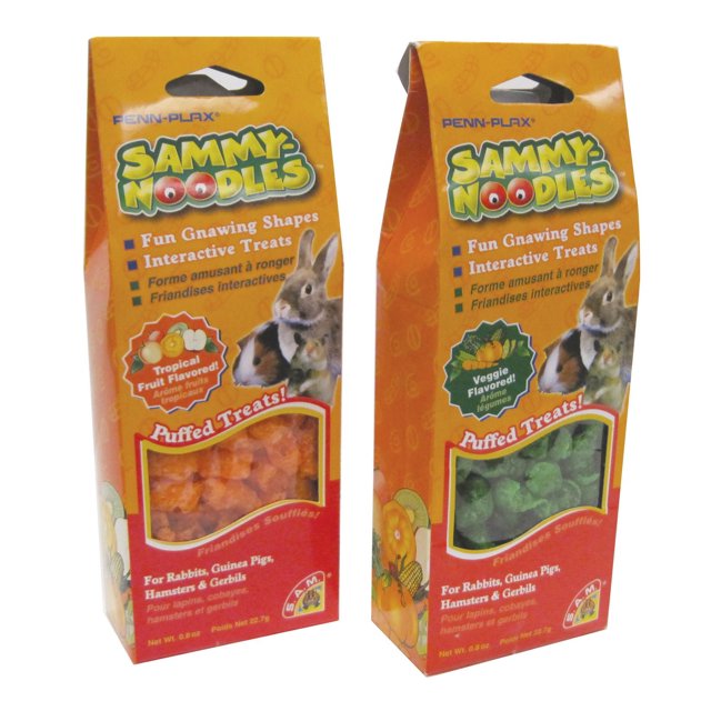 Penn-Plax Sammy Nouilles Gâteries pour Petits Animaux dans Deux Boîtes Verticales avec Onglets Suspendus, Présentant des Gâteries Bouffantes Vertes Aromatisées aux Fruits Tropicaux, à l'Orange et aux Légumes, Conçues pour les Lapins, les Cochons d'Inde, les hamsters et les Gerbilles, Offrant des Formes Amusantes à Mâcher et des Gâteries Interactives pour Ajouter de la Variété aux Régimes des Petits Animaux.