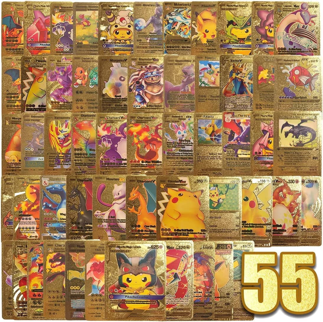 ultra rare 55 pcs gold pokemon cards pack 55 PCS- Gold Foil Poke Card Assorted Cards TCG Deck Box,can be Used as a  Card Group for Games or Collections