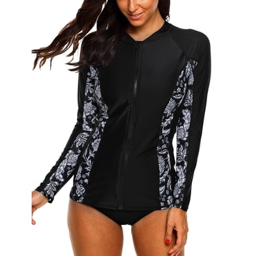 Charmo Women's Zip Front Rash Guard Long Sleeve Rashguard Top Sun Protection Swim Shirt