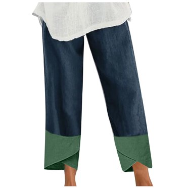 lcziwo Plus Size Capris Pants for Women Cotton Linen Wide Leg 2024 Casual Summer Comfy High Waisted Loose Patchwork Crop Pants Pockets,Navy,S