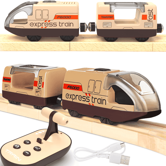Train à Rail en Bois Motorisé, Train Télécommandé avec Connexion Magnétique, Locomotive à Piles pour Tout-Petits, Compatible avec Thomas, Brio, Chuggington (Brun)