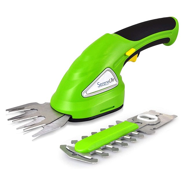 SereneLife Tondeuse à Gazon et Taille-Haies Électrique Portative Sans Fil Rechargeable Verte au design compact et Ergonomique. Comprend une Lame de Coupe d'Herbe, une Lame de Taille de Haie et un Adaptateur d'Alimentation Mural. Comprend une Poignée à Prise Confortable, un Interrupteur de Verrouillage de Sécurité et un Système de Lame à Changement Rapide. Idéale pour Pelouses, Jardins et Trottoirs. Alimentée par une Batterie au lithium Rechargeable de 3,6 Volts Offrant jusqu'à 4 Heures d'Autonomie par charge.