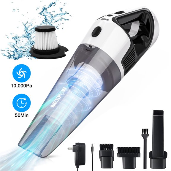 NEXPOW Aspirateur à Main Sans Fil, Aspirateur de Voiture à Forte Aspiration 10000Pa Dépoussiéreur avec Lumière LED et Chargeur, Aspirateur à Main Humide et Sec pour la Maison, la Voiture et Plus