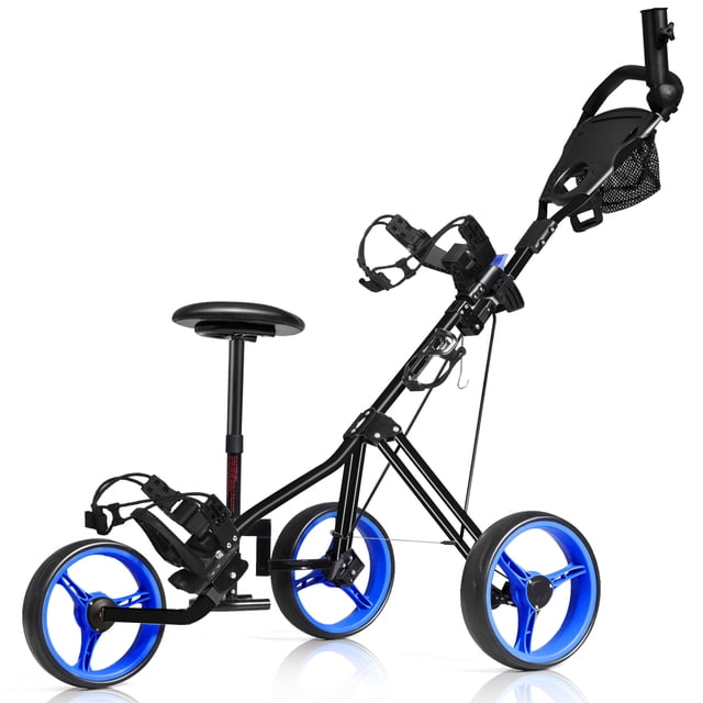 Patiojoy Chariot de Golf Pliable à 3 Roues à Pousser et Tirer avec Siège, Tableau de Bord, Sac, Bleu