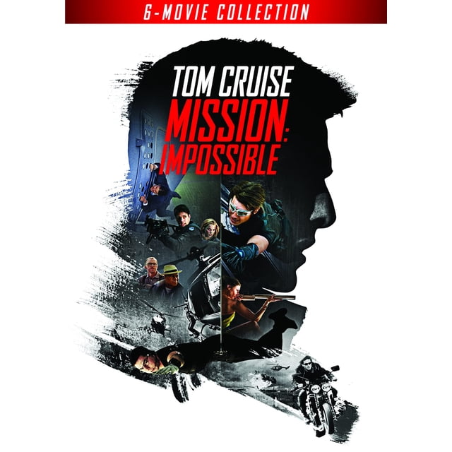 Mission : Impossible 6 Collection de films (DVD), Présentant une Couverture Dynamique avec la silhouette de Tom Cruise et des Scènes d'Action de la franchise, Incluant des Cascades, des Hélicoptères et des Motos. Cet Ensemble de 6 Disques Comprend les six Premiers films de la Série Mission : Impossible, Mettant en Vedette Tom Cruise en Ethan Hunt. Produit par Paramount.