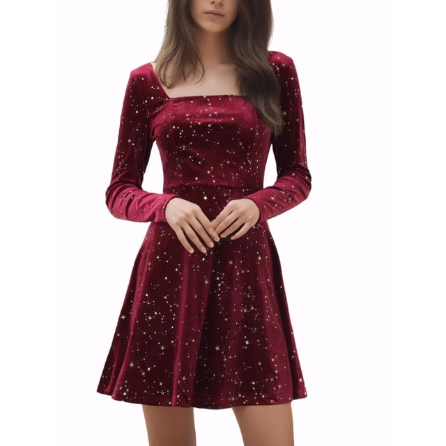 INSPIRE CHIC Robe de Soirée pour Femme à Imprimé d'Étoiles, Encolure Carrée, Mini Robe Vintage de Bal en Velours, L Rouge