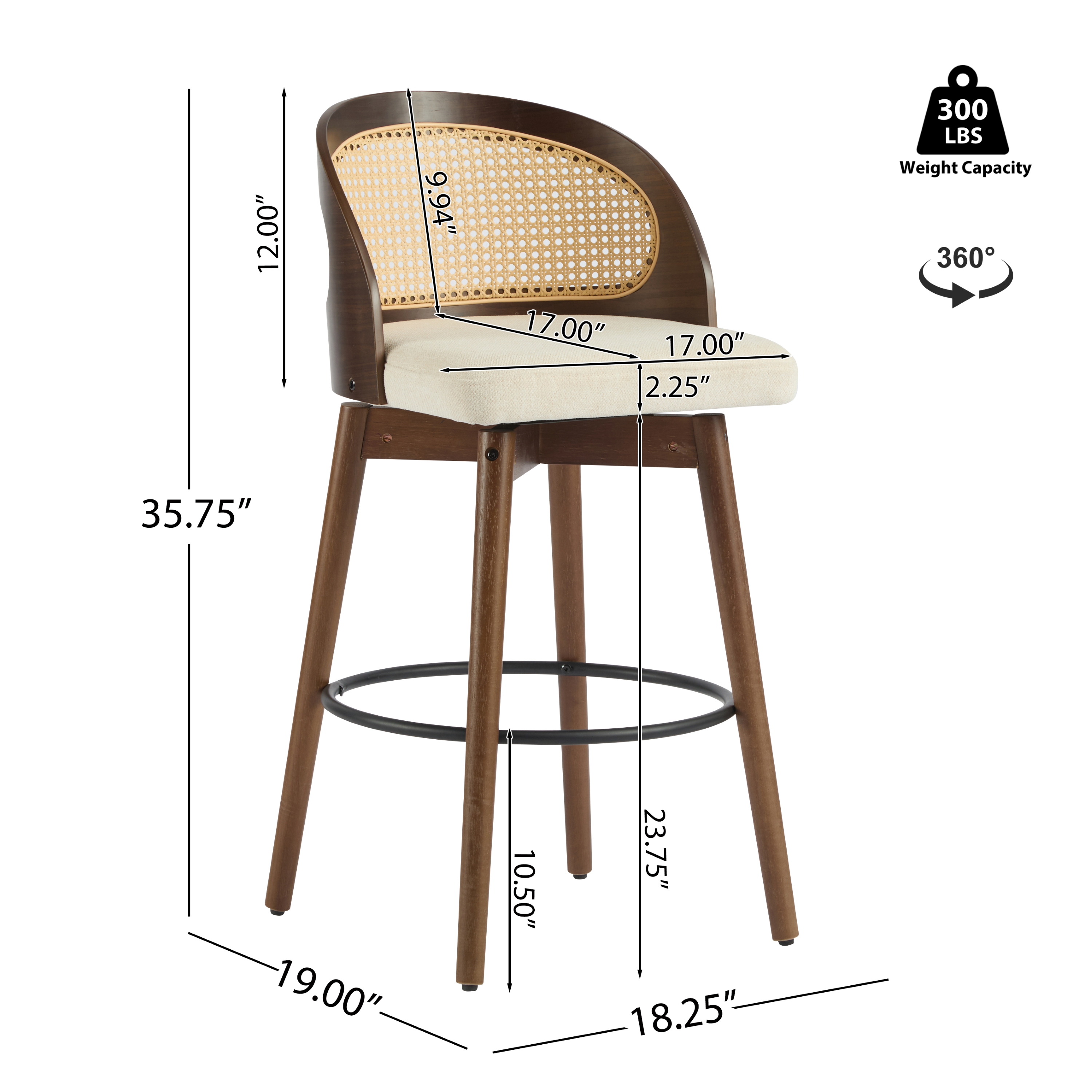 Ensemble de 4 tabourets de bar pivotants Noble House Como, dossier en rotin PE, noyer et beige
