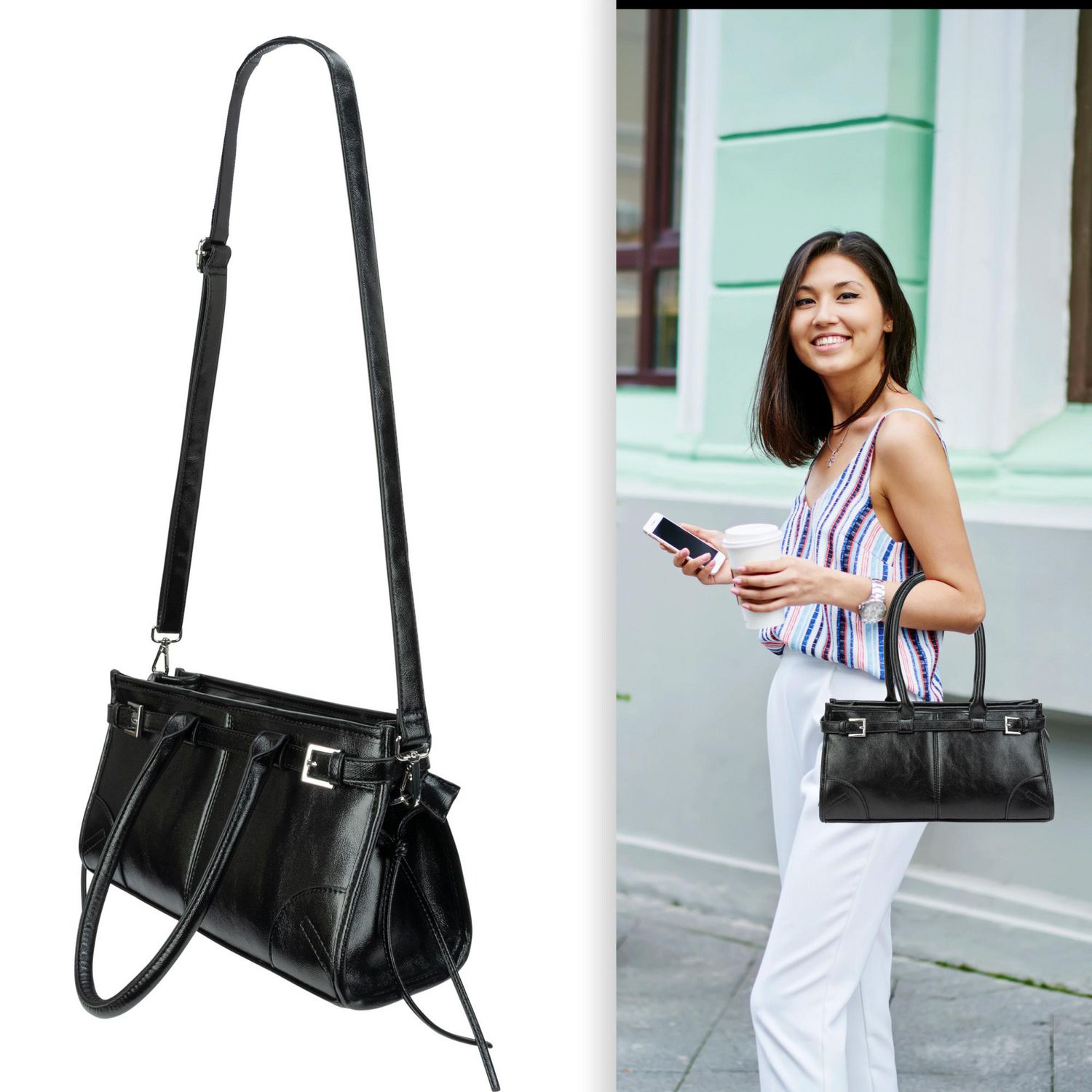 Time & Tru Slim Satchel Handbag, Oil-Waxed Faux Leather, Top Handles with Removable Adjustable Strap, Inner Zipper Pocket, Top Zipper Closure, Black
