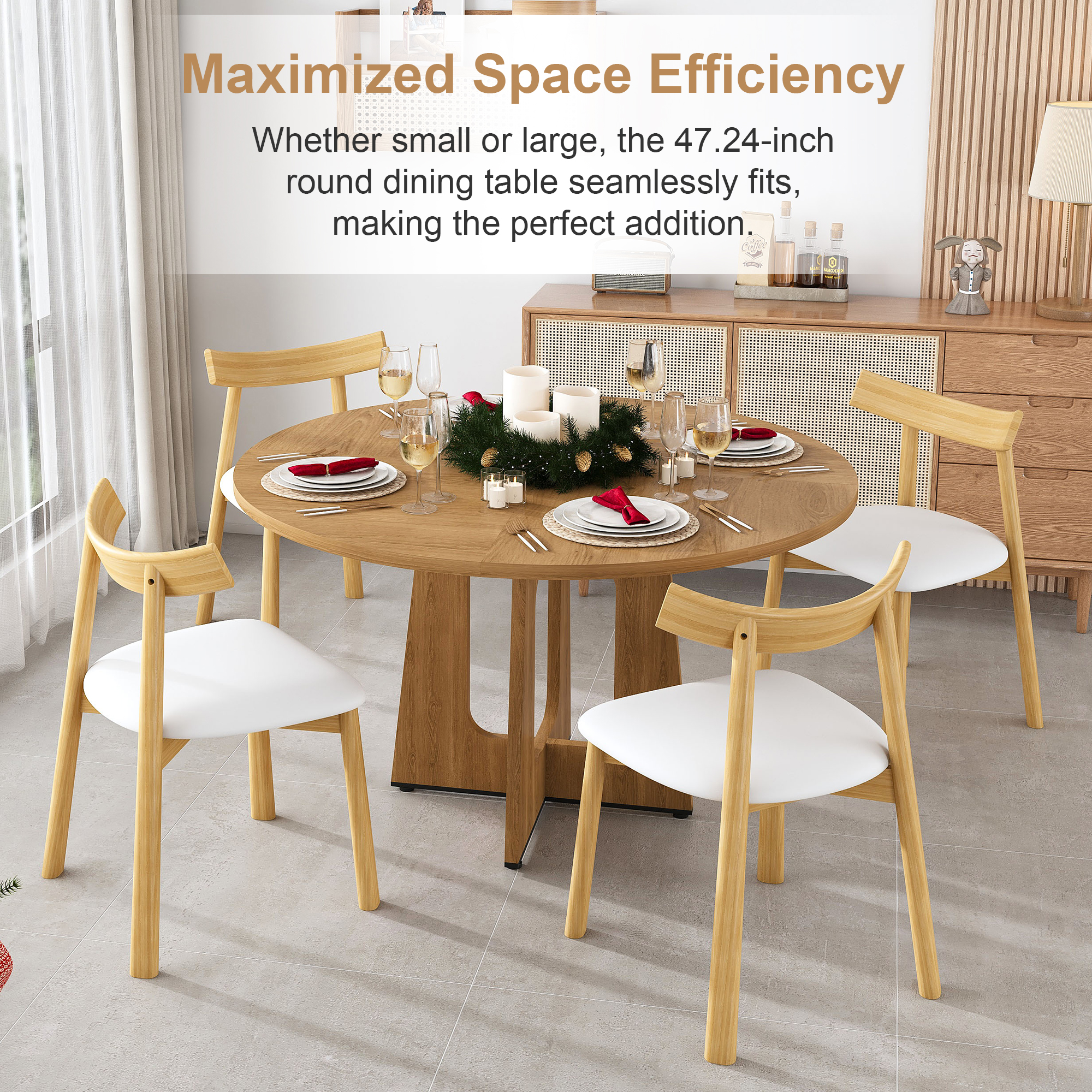 Noble House 47" Round Dining Table for 4,Farmhouse MDF Circle Table with Wood Grain Finish,Oak