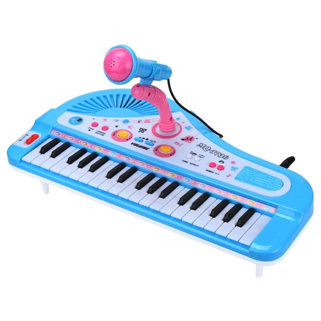 37-Key Electronic Piano with Microphone, Musical Learning Toy for Kids, featuring a blue plastic body with black and white keys, colorful control buttons, and an attached pink microphone. This portable electronic keyboard is designed for ages 1+ and includes adjustable volume, rhythm patterns, demo songs, and a pause button. Ideal for early musical education and creative play.