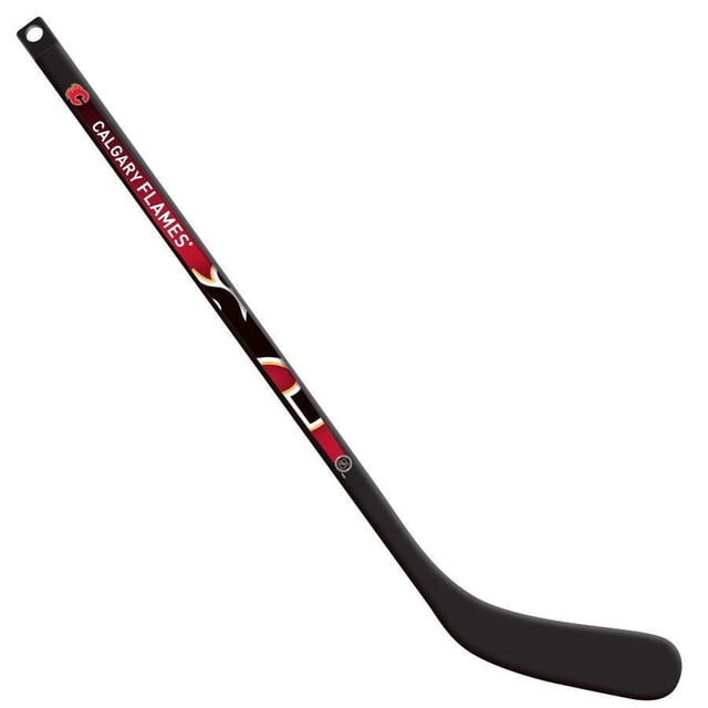 NHL Calgary Flames Ultimate Player Composite Mini Stick Left Handed with black composite blade and shaft, featuring red and white Calgary Flames branding along the shaft, suitable for knee hockey and as a collectible.
