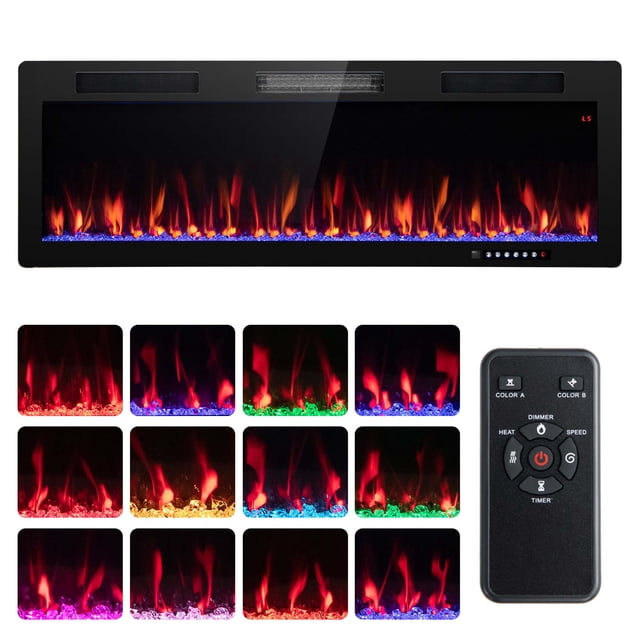 Costway Foyer Électrique Linéaire de 50 Pouces 1500 W Encastré Mural avec Flamme Multicolore. Ce Foyer Électrique Noir de 50 Pouces Présente une Conception Élégante et Ultra-Mince Adaptée à une installation Encastrée Ou Murale. Il Offre 12 Couleurs de Flamme et 12 Couleurs de Lit de Flamme, Amélioré par des Décorations en Cristal Scintillantes, Créant 144 Combinaisons Personnalisables. le Foyer Comprend 5 Niveaux de Luminosité et de Vitesse, 2 Niveaux de Chauffage (750 W et 1500 W), et une Minuterie de 1 à 8 Heures. Il Chauffe jusqu'à