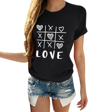 B91xZ Crew Neck Tops for Women Summer Printed T-Shirt Funny Cute Graphic Tees Tops,Black XL