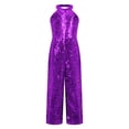thumbnail image 3 of Xnihocha Combinaison à Sequins Brillants pour Filles, Col Halter, Combinaison de Concours, Costume Formel, Robes de Soirée, Violet 12, 3 of 7