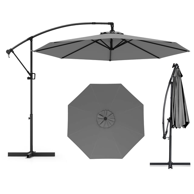 Gymax 10 FT Patio Offset Umbrella w/ X-shaped Base Infinite Tile & 360° Rotation Grey
