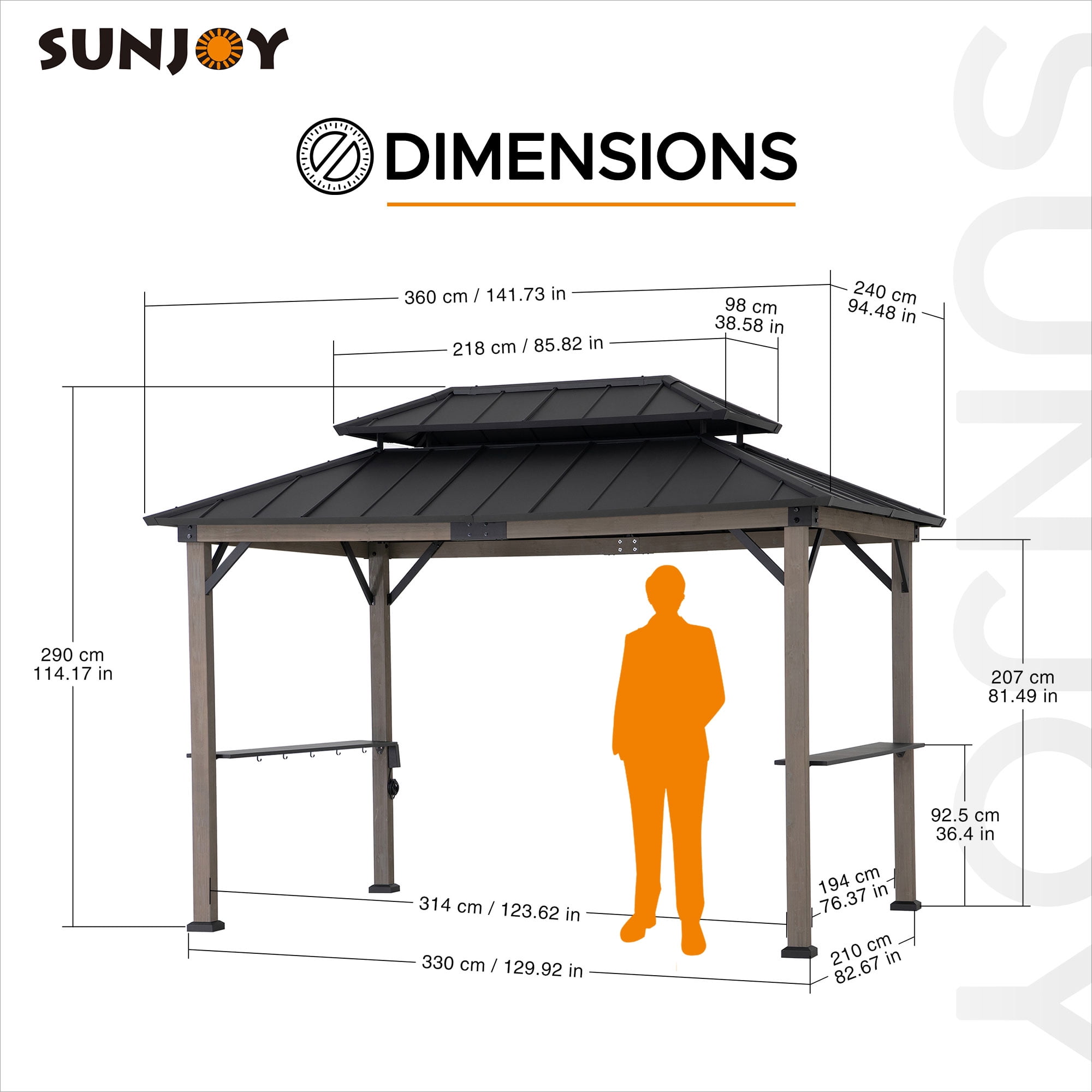 Sunjoy Tonnelle Gazebo en Bois avec Barbecue Intégré, 2.4 x 3.7 m, toit Rigide en Acier, pour des Grillades toute L'année