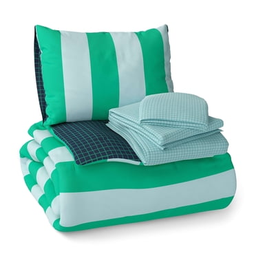 Mainstays Kids Cabana Stripe Green 5-Piece Bed in a Bag Bedding Set, Reversible Comforter, Twin