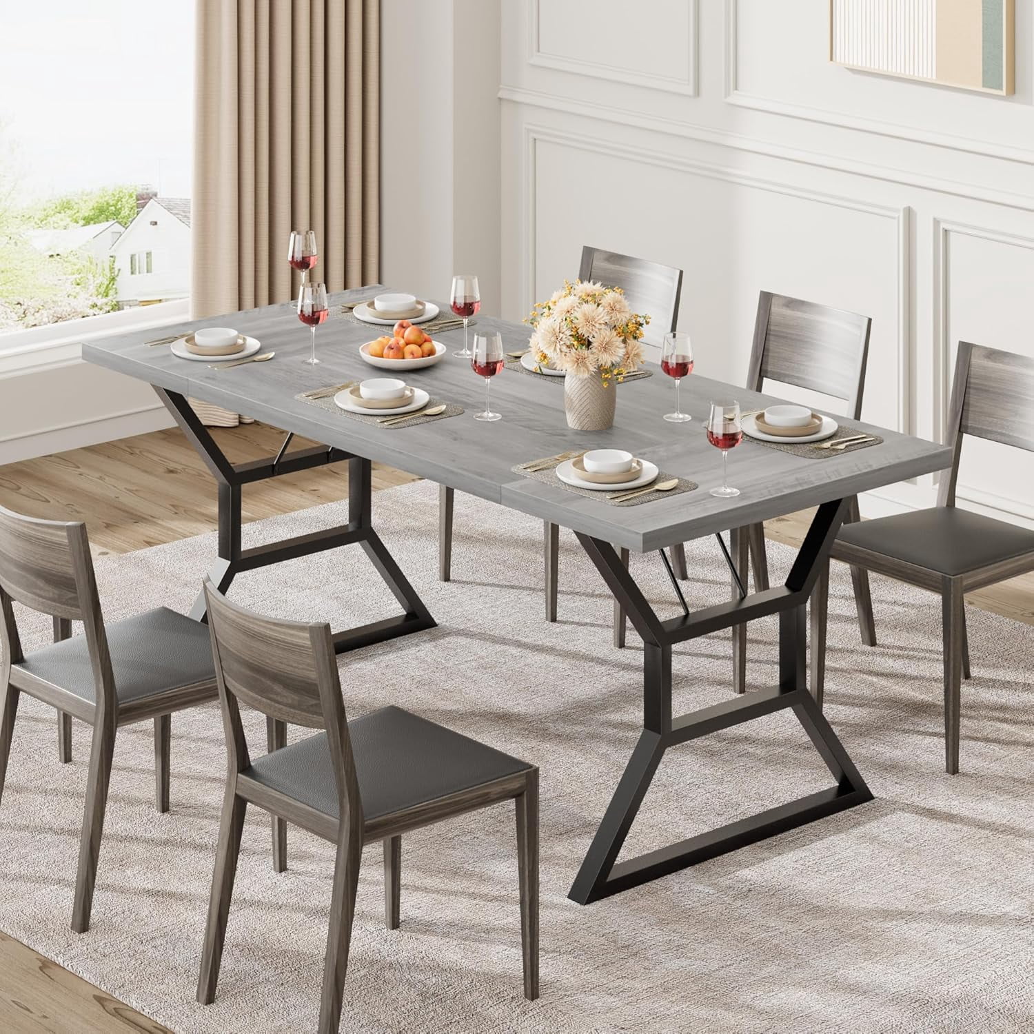 70.9 in Large Dining Room Table for 6, Rectangular Kitchen Table with Heavy Duty Metal Legs, Farmhouse Wooden Dining Table for Big Family (Grey)