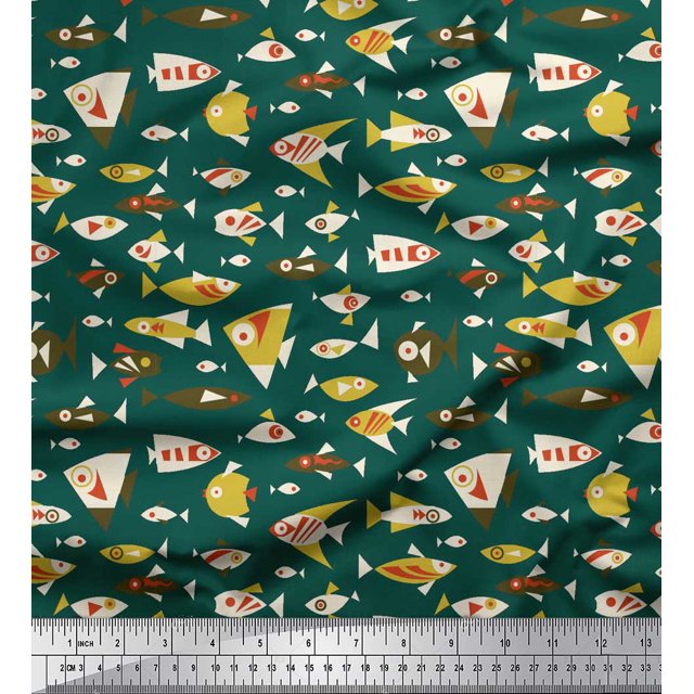 Soimoi Green Poly Georgette Fabric Fish Ocean Print Sewing Fabric Yard 52 Inch Wide
