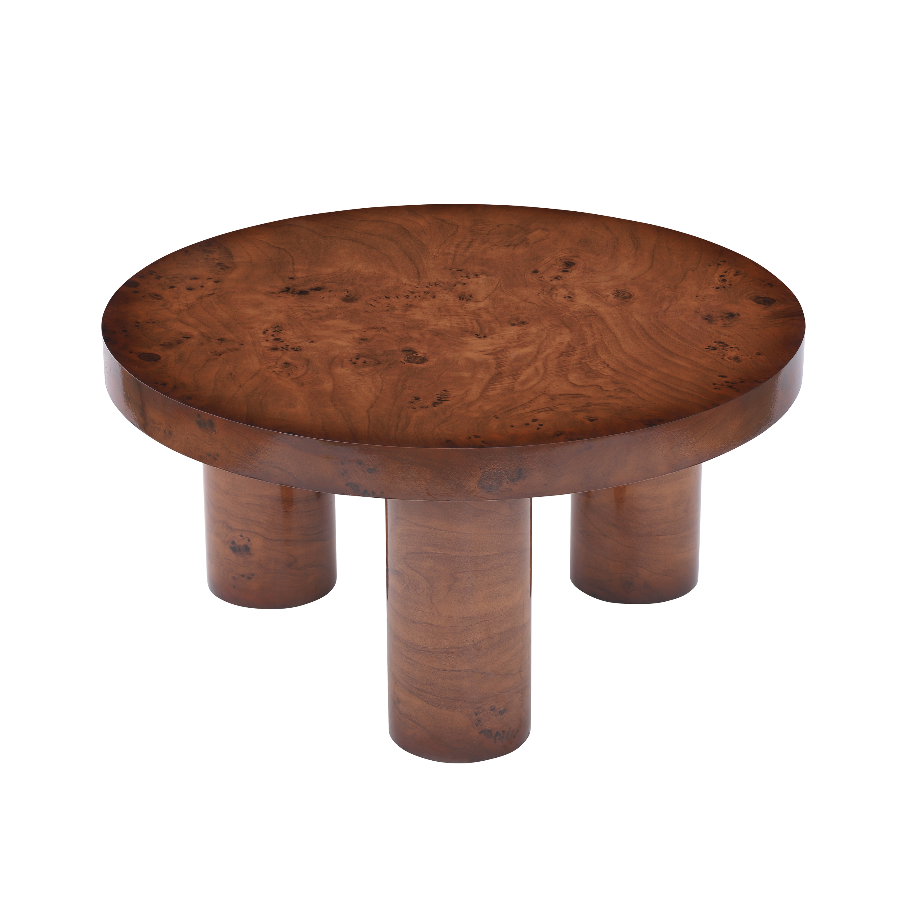 Table basse ronde moderne Noble House 80 cm, fini placage loupe, noyer